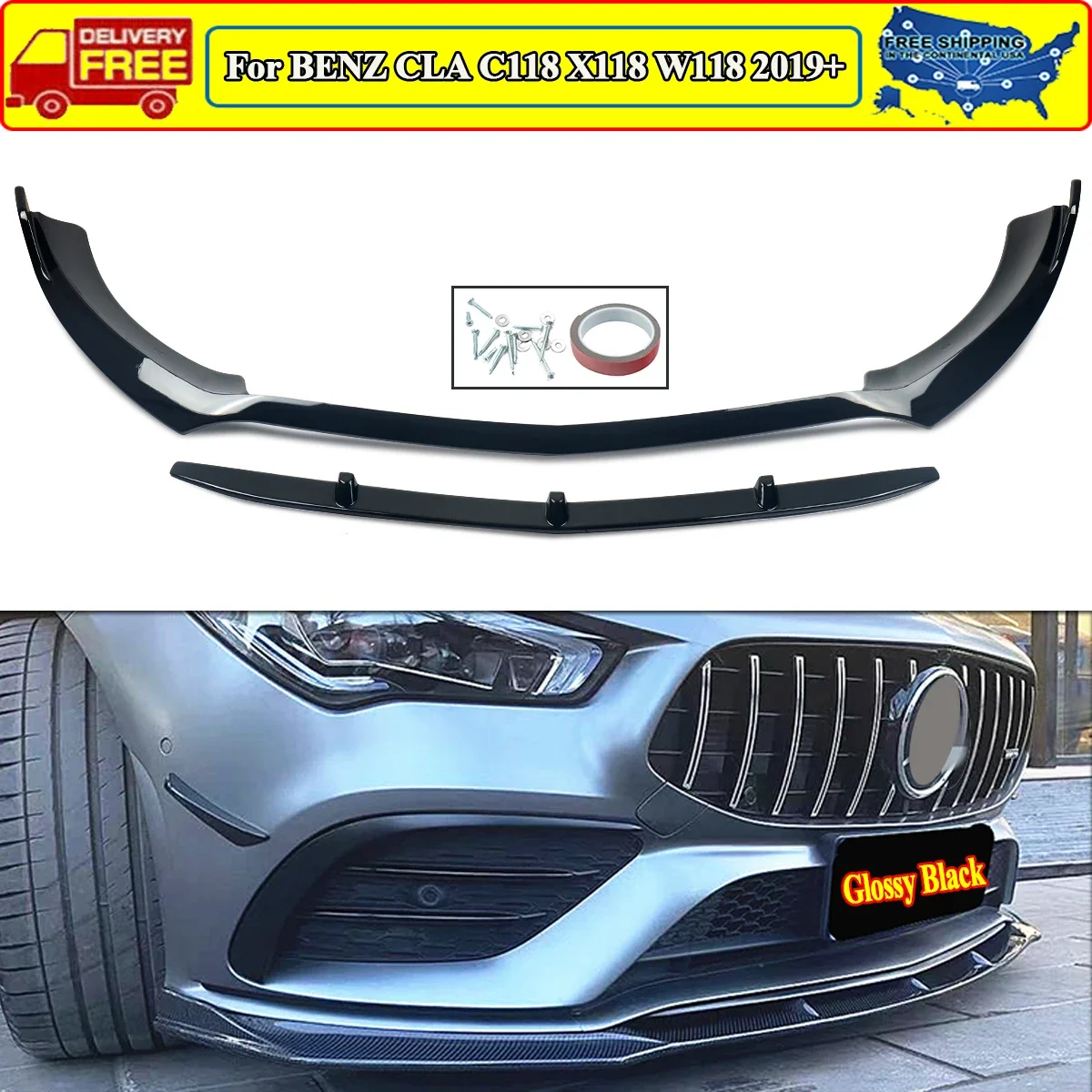 For MERCEDES-BENZ CLA C118 X118 W118 Front Bumper Lip Chin Spoiler Splitter Diffuser  2019 2020 2021 Guard Protection Cover Trim