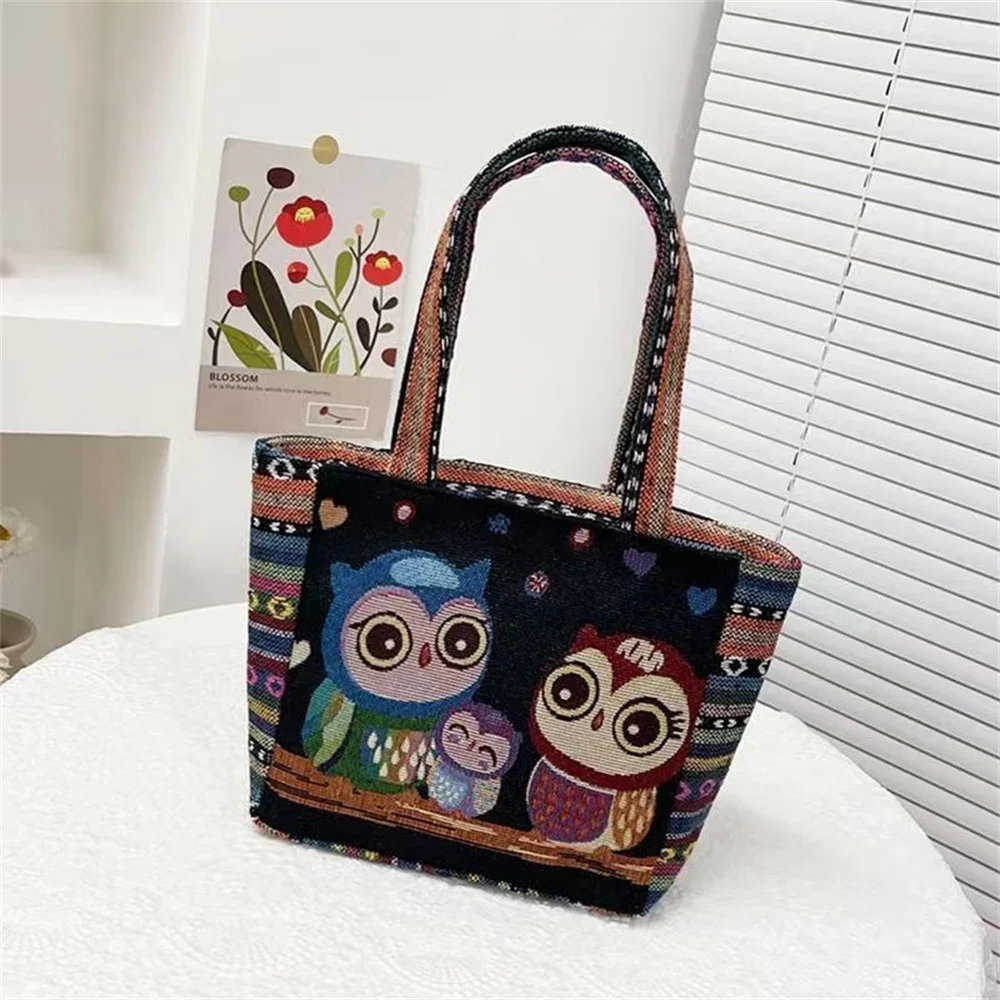 Women Embroidered Tote Bag Retro Owl Elephant Printed Handbags Ladies Large Capacity Reusable Shopping Bag Female Shoulder Bag