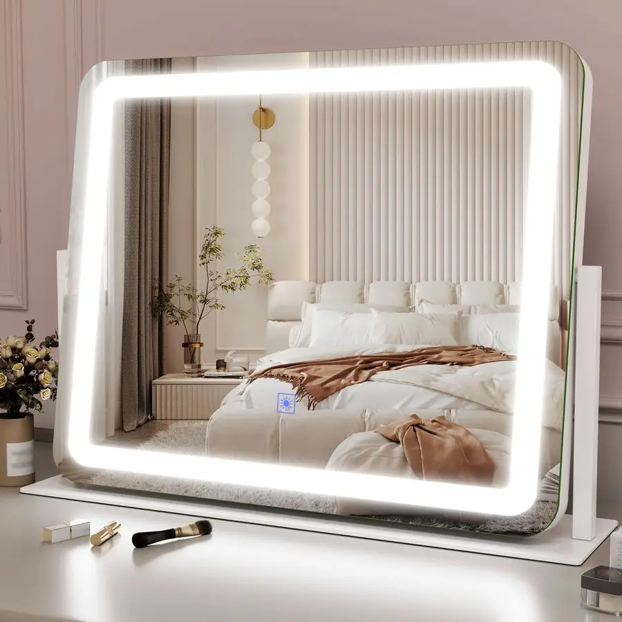 

22x17 Inch Lighted Vanity Mirror with Dimmable LED Lights 3 Color Modes, Smart Touch Control 360 Rotating Base Desk Makeup Mirr