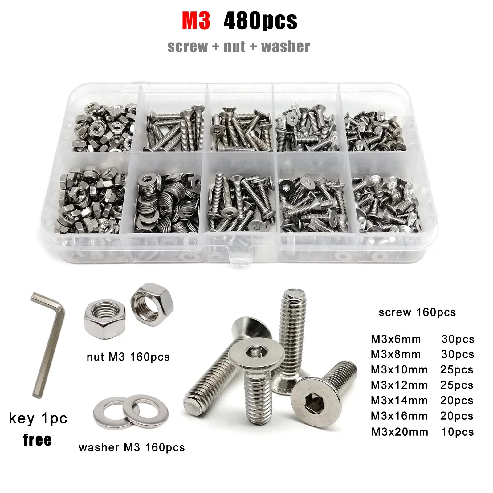 1 Scatola Kit Assortito di Viti a Testa Svasata Esagonale con Esagono Incassato in Acciaio Inossidabile 304 M1.6 M2 M2.5 M3 M4 M5 M6 e Dadi