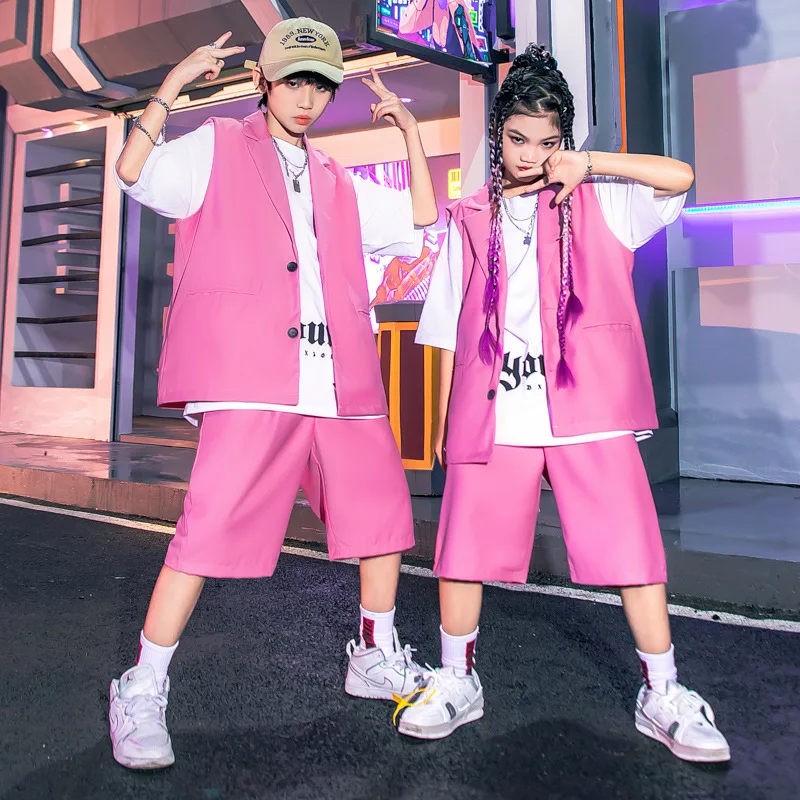 

2024 New Girls' Jazz Dance Stage Performance Costume Boy's Hip Hop Street Dance Walking Show Trendy Suit Pink Kid's Outfit XH359