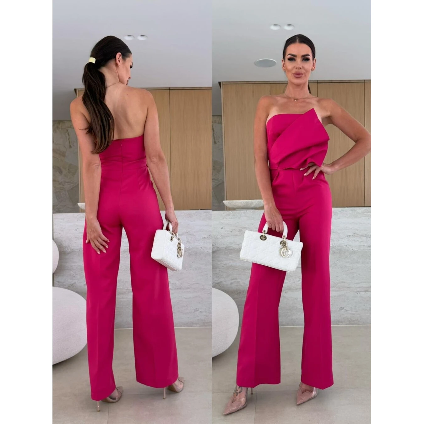 Candy Colored Slim Fit Wrap Chest Backless High Waist Wide Leg Jumpsuit British Style Women's Vest Top with Chest Pad