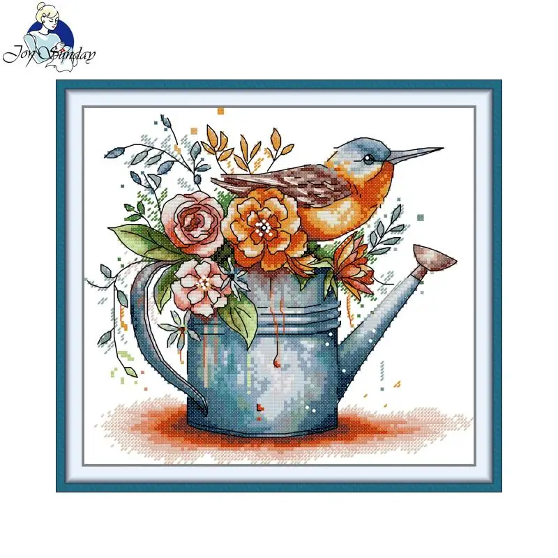 

Joy Sunday Cross Stitch Kit 16/14/11CT Pattern DMC Printed Embroidery Needlework Set Decor Gift New The Bird on The Watering Can