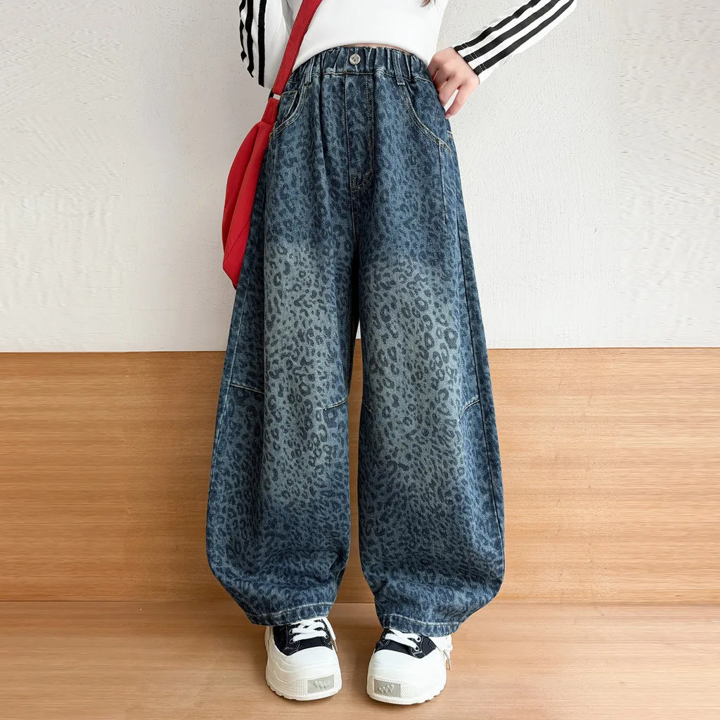 Girls Leopard Print Blue Jeans Vintage Autumn Children Pants 2026 Elastic Waist