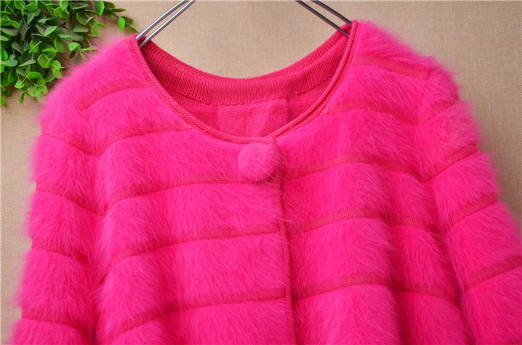 Pull Rose Female Women Hairy Mink Cashmere Knitted Three Quarter Sleeves Cute Loose Cardigans Angora Fur Sweater Jacket Pull Top