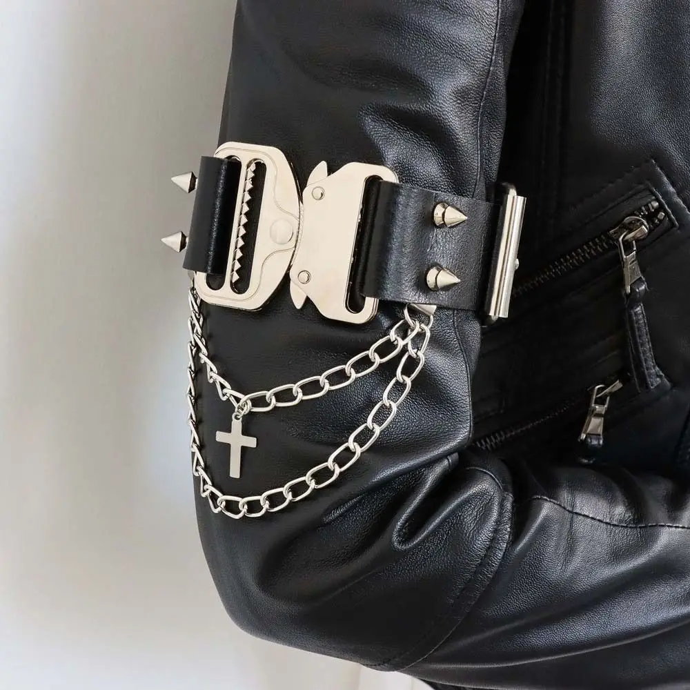 Vintage Adjustable Leg Garter Cross-Pendant Leatherette Thigh Ring Multi-Layer Metallic Goth Neckband Rave-Party