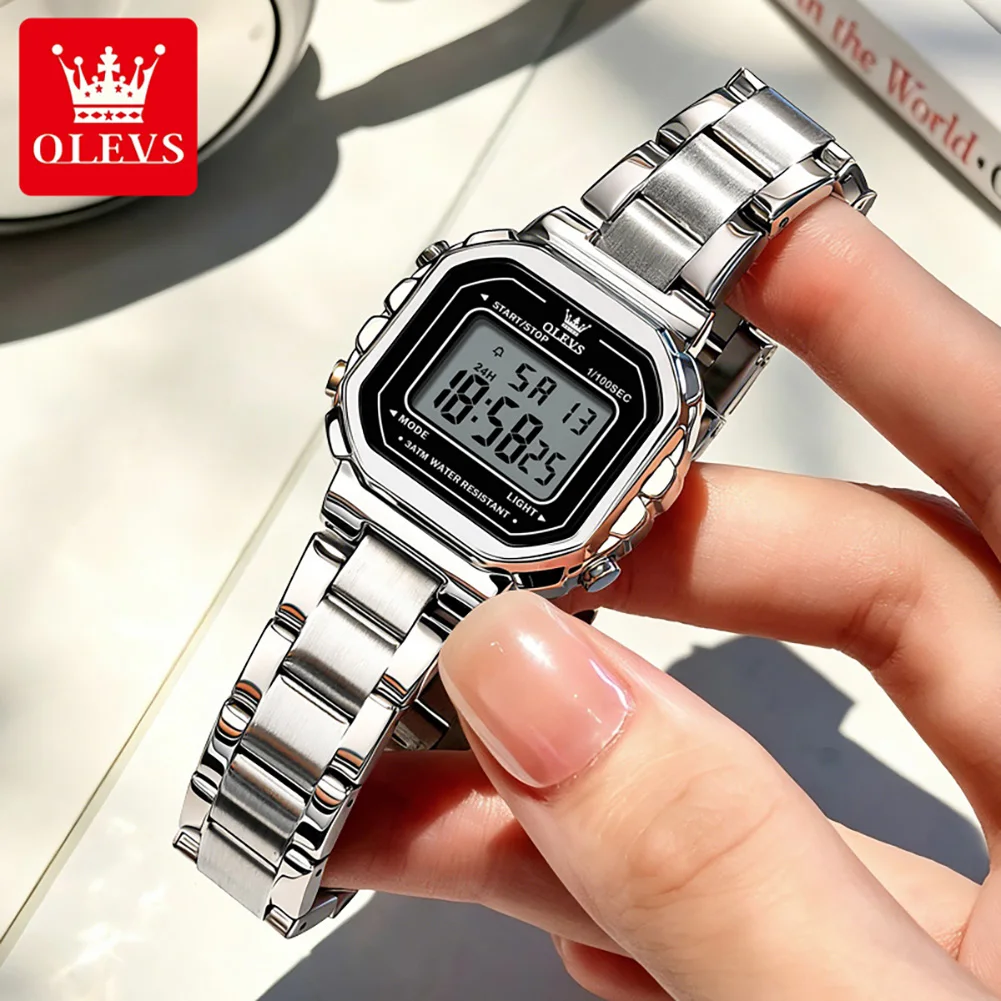 OLEVS Brand Luxury Womens Digital Bracelet Watches Date Week Display Stainless Steel Strap LED Light Waterproof Electronic Watch