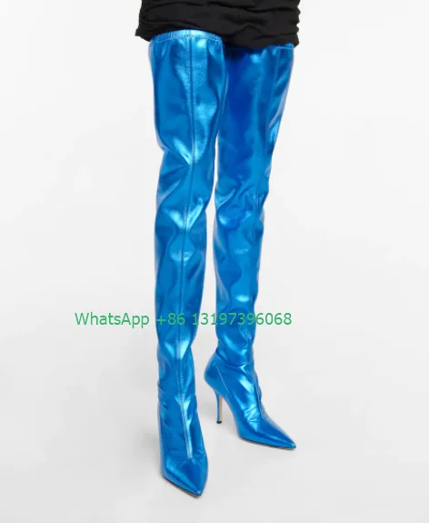 

Lady blue PU over the knee boots sexy sliver color solid high heels stiletto boots pointed toe shoes thigh boots footwear size