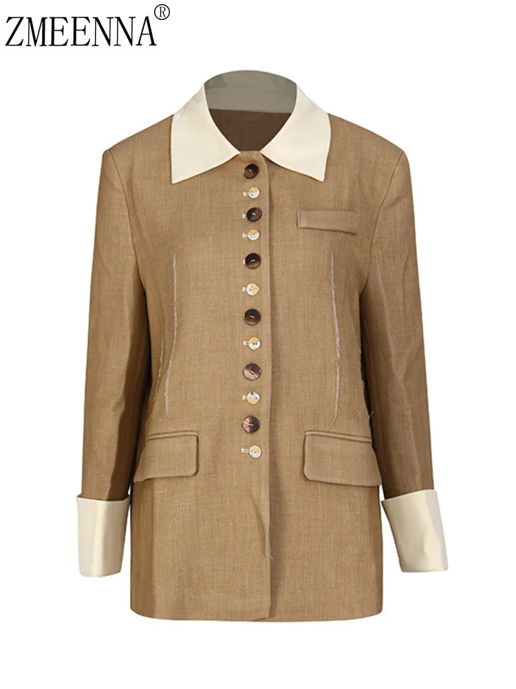 

ZMEENNA женский пиджак цвета хаки контрастный белый лацкан с несколькими пуговицами повседневный плащ с длинными рукавами верхняя одежда ZM4583