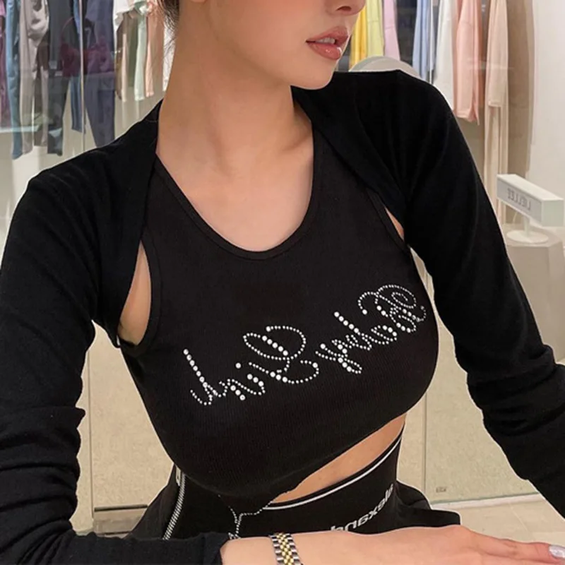 Europe and the United States Y2K top ladies\' fashion style new spice girl letter rhinestone wavy irregular navel slim bottoming