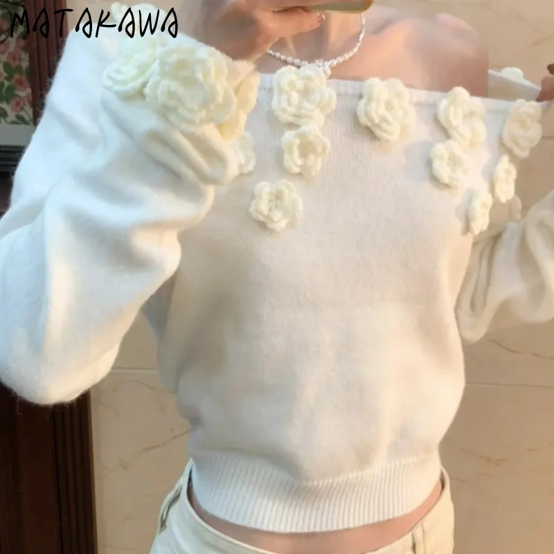 

Matakawa White 3D Flowers Women Sweaters Skew Collar Solid Autumn Winter Sweet Sueter Mujer Korean Fashion Elegant Pullovers