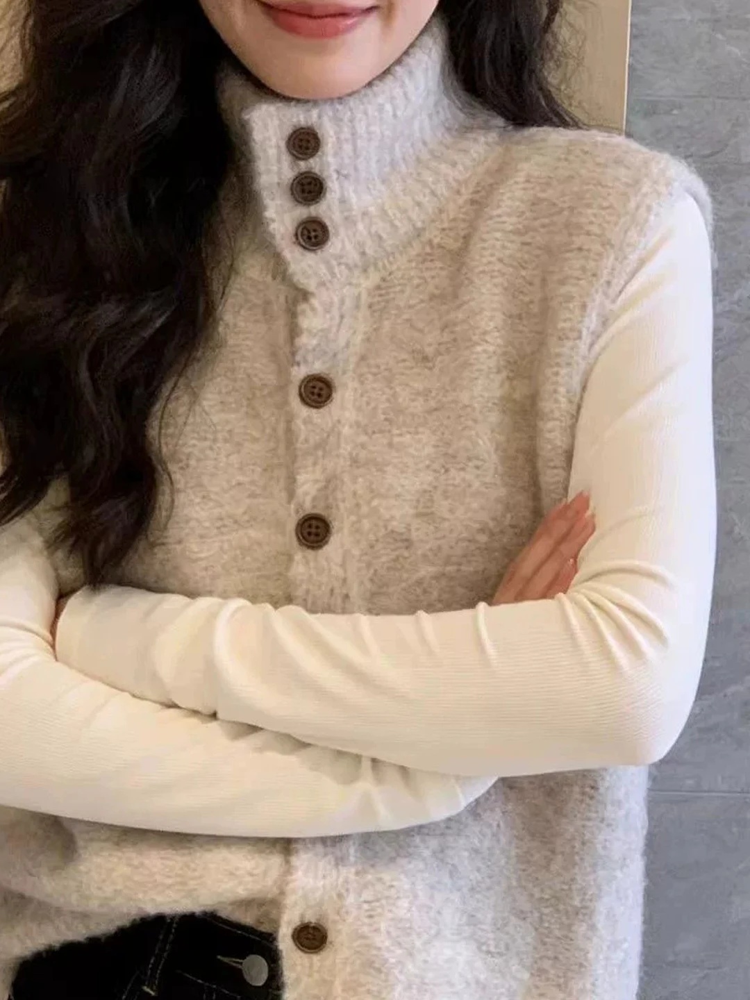 Caramel Soft Knitted Sweater Vest Open Cardigan Women's Spring Autumn Loose Stand Collar Sleeveless Sweater Vest Outerwear
