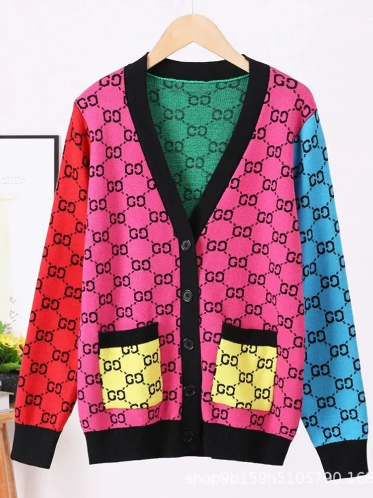 Maglione cardigan piccolo profumo stile scollo a V tasca color block cardigan lavorato a maglia a maniche lunghe top ampio alla moda da donna