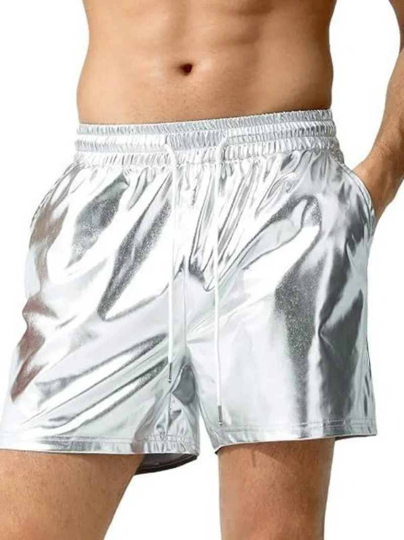 Fashionable European and American Men's Bright Leather Shorts, Men's Casual Tricolor Shorts, Men's Beach Casual Pants