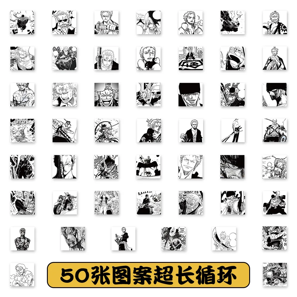 200pcs/Roll 50 Different Patterns One Piece Roronoa Zoro Anime Sealing Sticker DIY PVC Laptop Decals Decoration Reward Gift