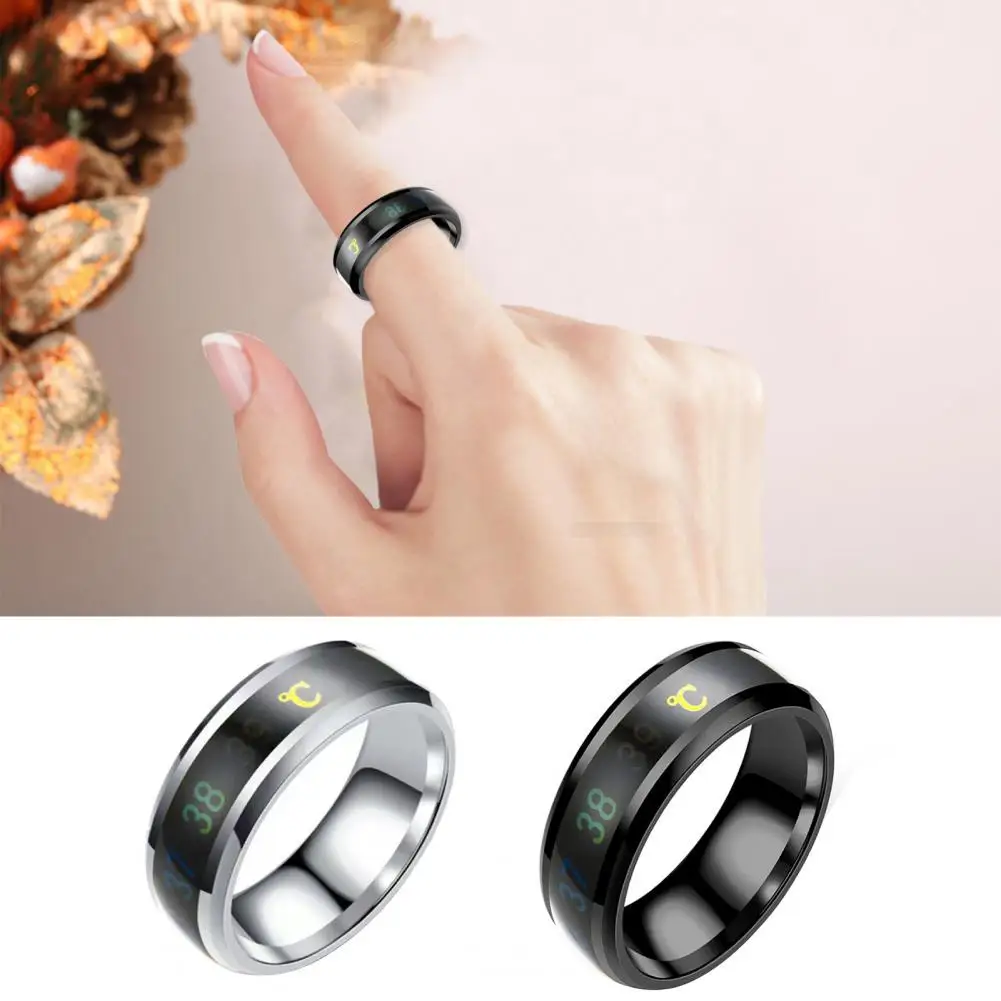 Finger Ring Titanium Steel Wedding Band with Intelligent Body Temperature Sensor Personal Health Monitoring Ring for Men Women