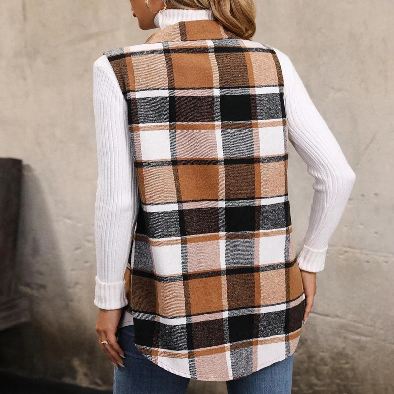 Women\'s Plus Size Checkered Printed Folded Edge Details Sleeveless Coat Fashion Flip Collar Jacket Coat