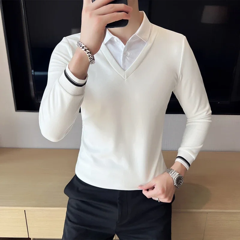 M-5XL men's shirt collar knitted sweater, solid color daily business casual commuter pullover T-shirt, stretchable base sweater.