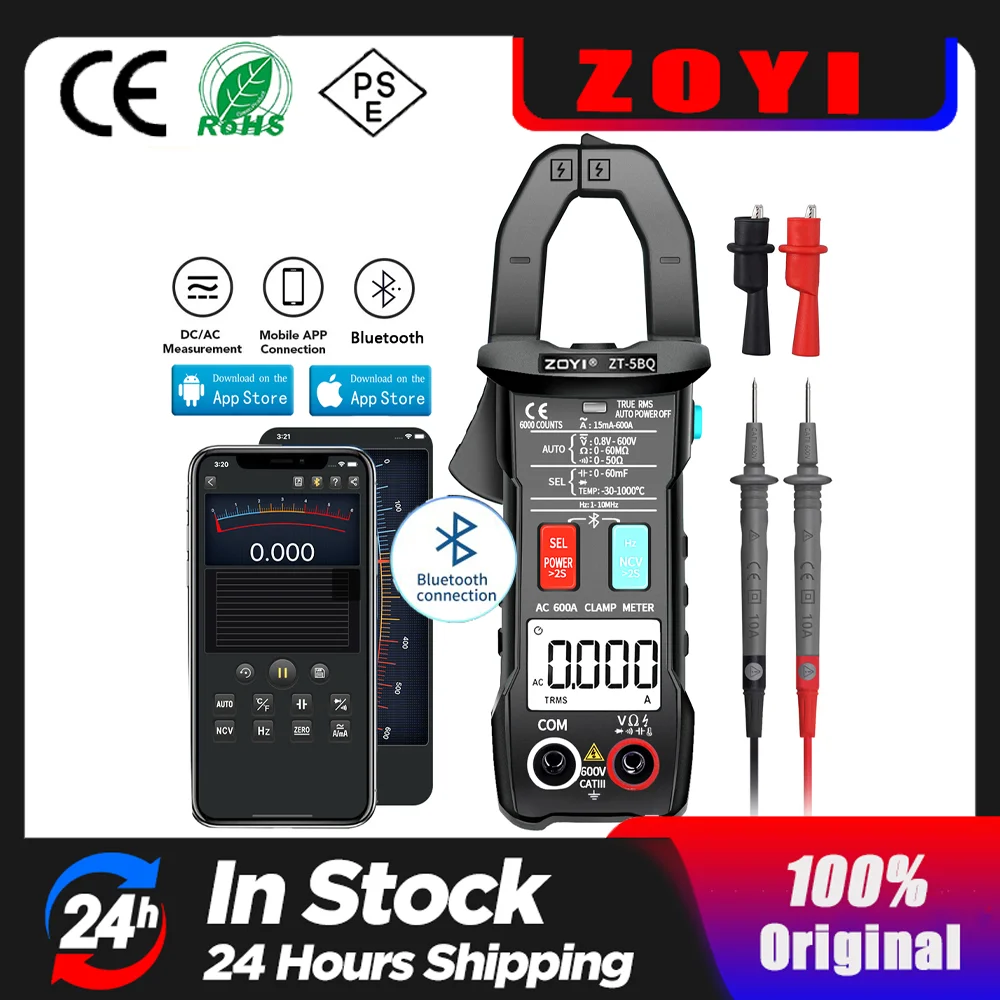 ZOYI ZT-5BQ cyfrowy multimetr Bluetooth miernik cęgowy 6000 zliczeń True RMS DC/AC tester napięcia prąd przemienny Hz pojemność Ohm