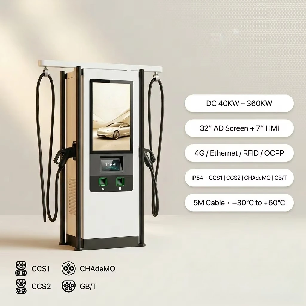 60KW 120KW 320KW DC Level 3 EV Charger 32 Inch AD Screen Double CCS1 CCS2  GBT OCPP 1.6J 4G RFID IP54 Front Cable