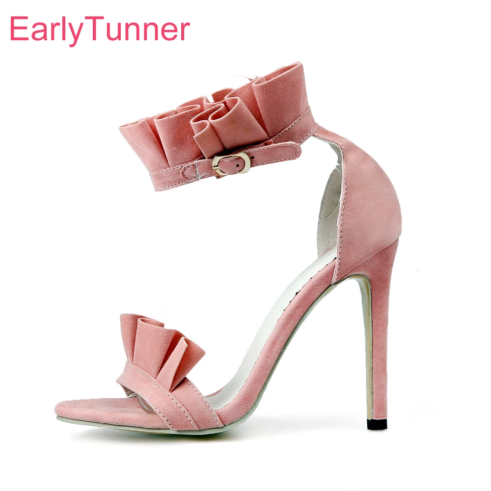 

Новые летние розовые модные черные женские сандалии с рюшами, круглым носком, на высоком тонком каблуке, для вечеринок, большие размеры 12, 43, 47, 49, 52