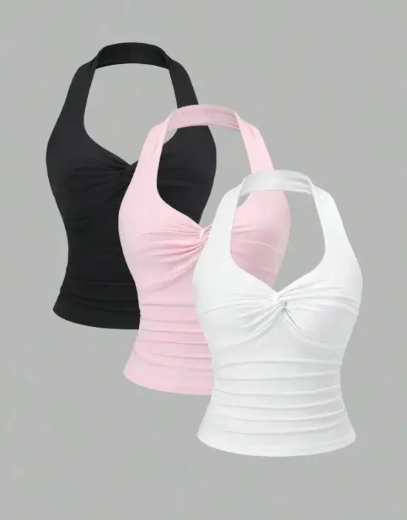 Top Donna Primavera Estate 2026 Nuovo Modello Tinta Unita Sexy con Collo all'Americana, Scollo a V Profondo Intrecciato, Senza Maniche, Schiena Scoperta, Top Basic Quotidiano