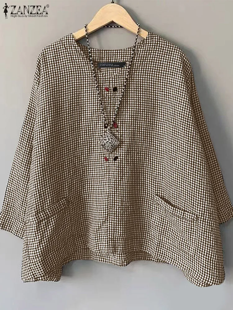 Casual Loose Women Blouse ZANZEA Summer Round Neck Shirt Checked Printed Pocket 3/4 Sleeve Tops Harajuku Simple Blusas