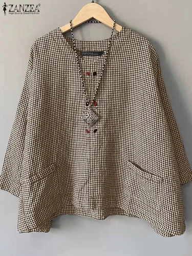 Imagen 2 del producto ZANZEA-Blusa holgada informal para mujer, camisa de cuello redondo con estampado a cuadros, Tops de manga 3/4 con bolsillo, Blusas simples Harajuku
