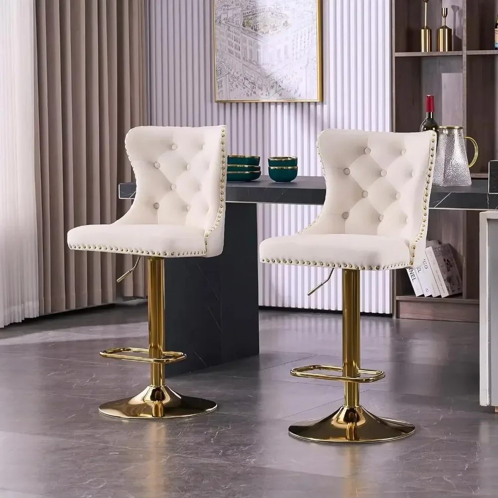 Bar Stools Set of 2 Velvet Swivel Kitchen Counter Chairs with Tufted High Back Modern Upholstered Gold Barstools