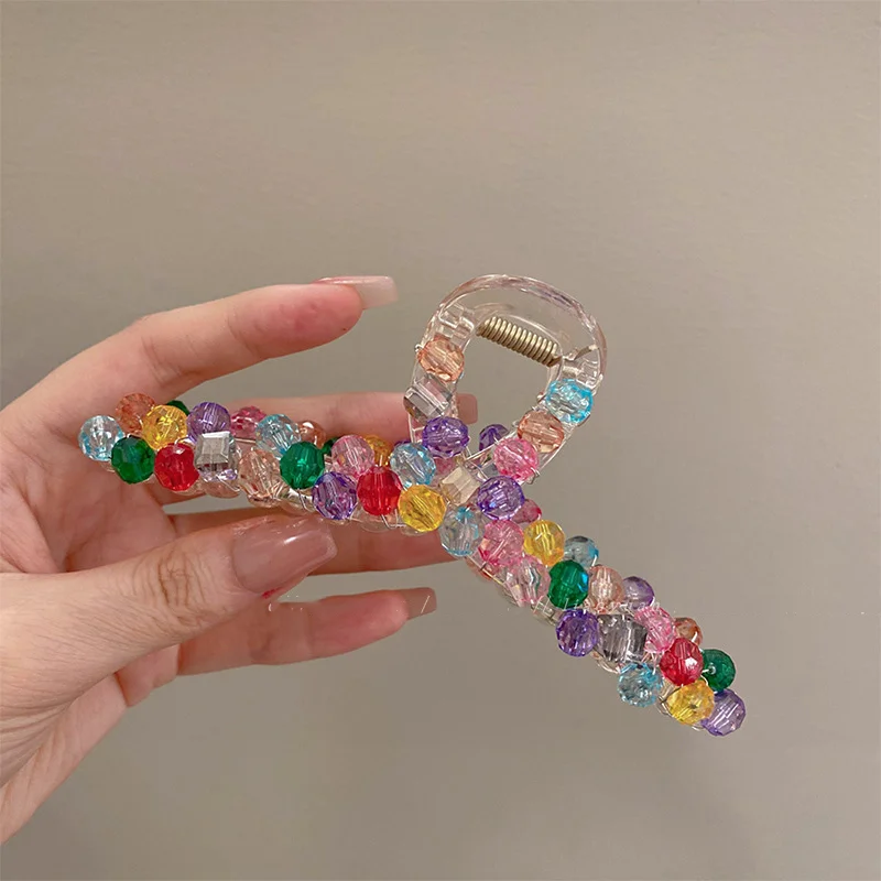 Colorful Crystal Handmade Beaded Hair Claw Clips 2023 Korean Large Charm Colorful Pearl Hairpin Hair Accessories for Women