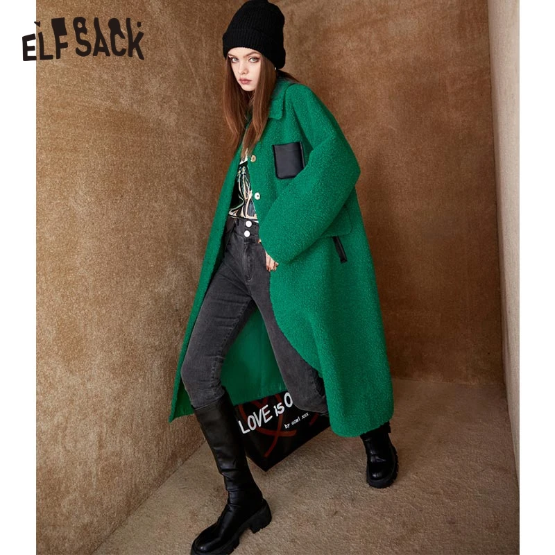 ELFSACK Green Warm Wool Coats Women Winter Long Outwears