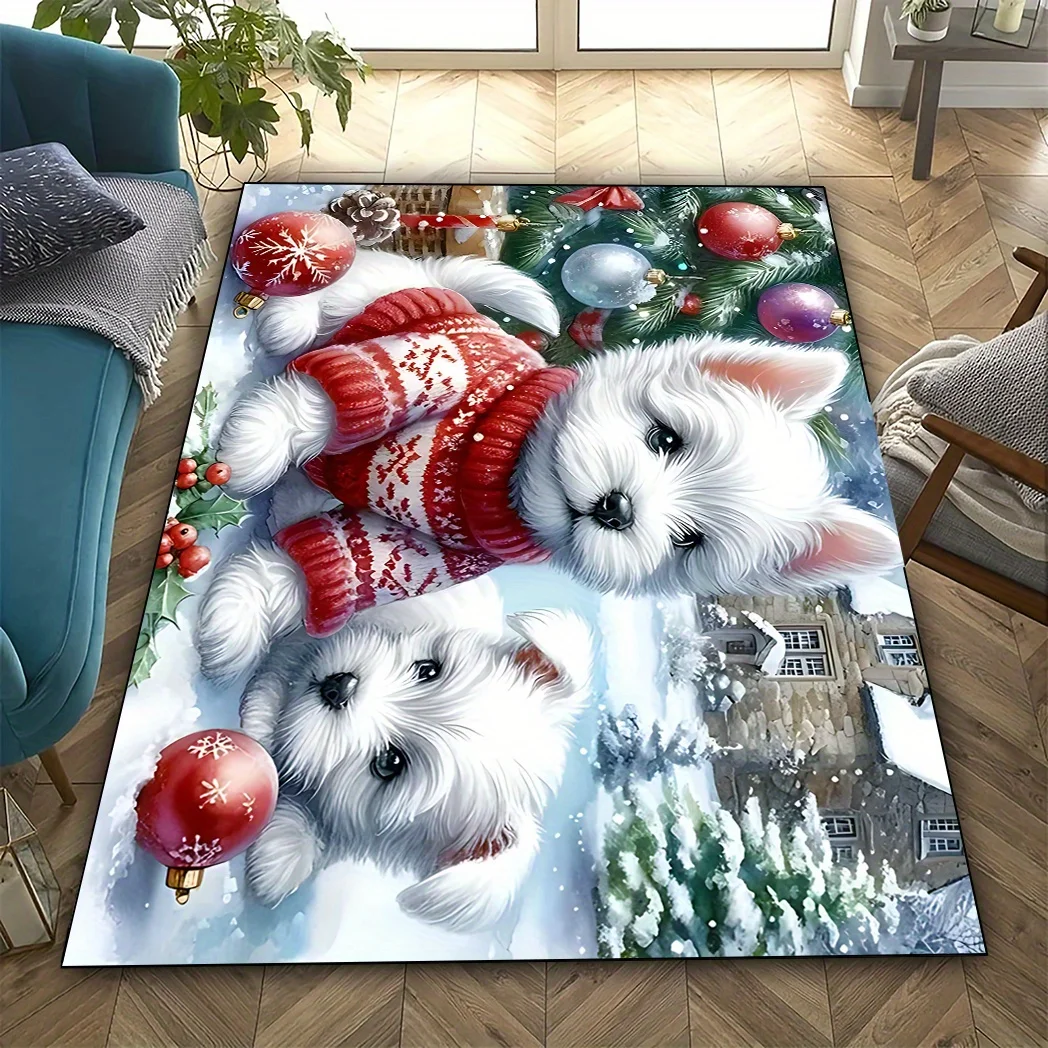 Christmas Cat dag Carpet Living Room Reindeer Antler Rug Poinsettia FloorMat Holly Leaf Berry Winter Holiday Bedroom Bedside mat