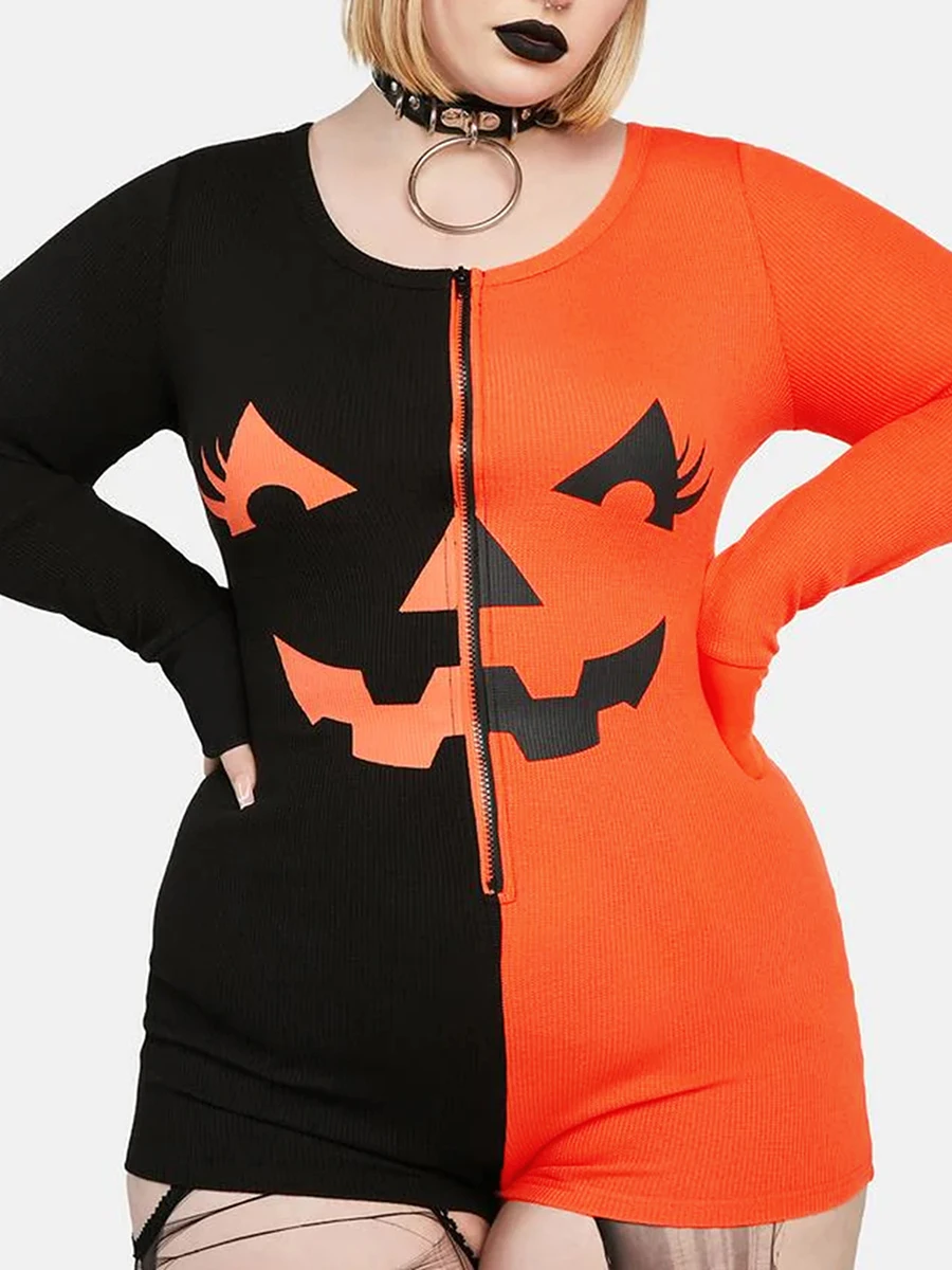 Women Halloween Costume Jumpsuit Long Sleeve Crew Neck Zipped Contrast Color Slim Fit Bodysuit Loungewear Oversized Sleepwear