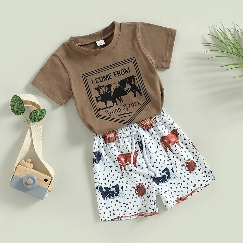 

Toddler Baby Boy Western Clothes Short Sleeve Cow Letter Print T-Shirt Drawstring Shorts Set Cowboy Summer Outfit