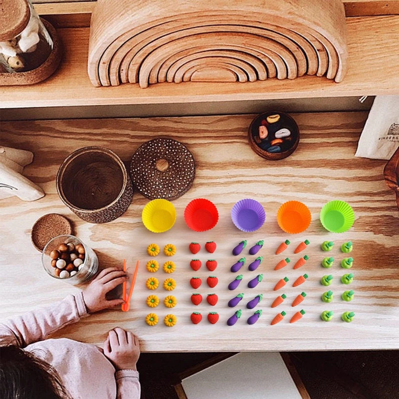 Baby Montessori Toys Fine Motor Skills Learning Counting Rainbow Color Pompoms Silicone Vegetable Sorting Games Sensory Toys