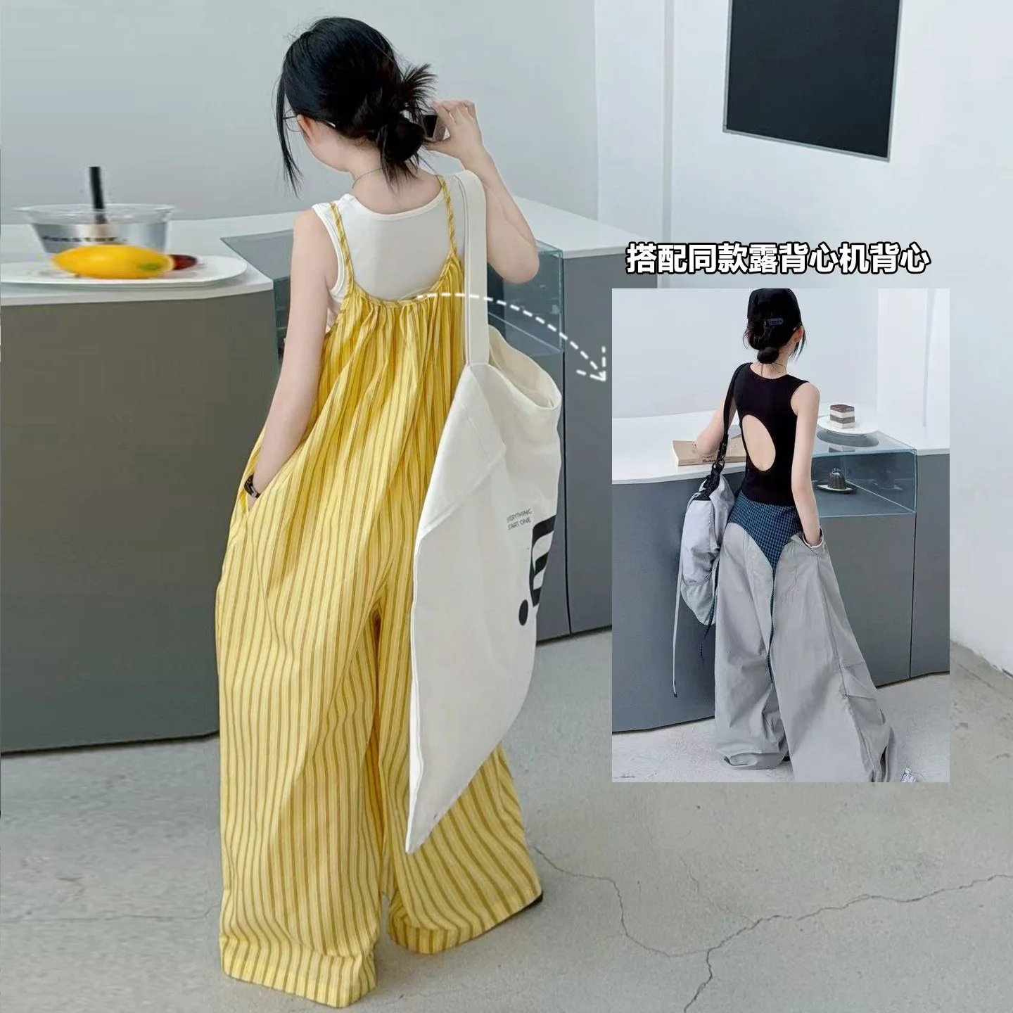 Girls Clothes Sets Size 6-14Y Spring Summer Girls Short Tee+Yellow Striped Jumpsuit Clothes 2 Pc Child Casual Vocation Outfit