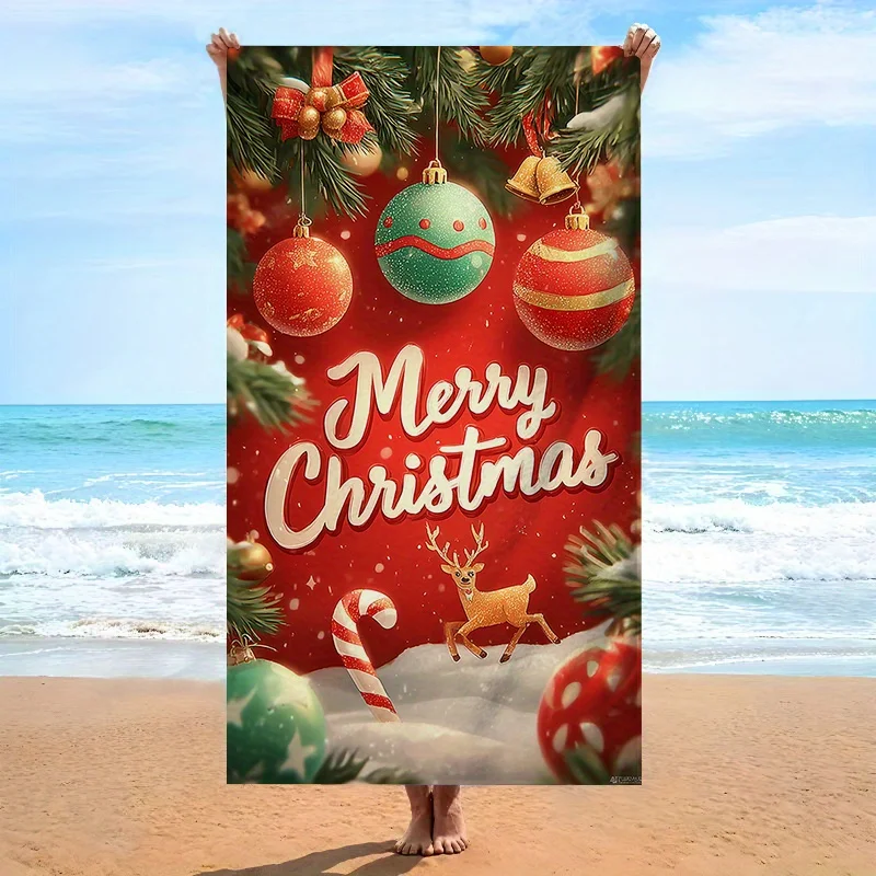 All Over Gingerbread Man Candy Cane Holly Ho Ho Text Repeat Beach Towel Black Base Classic Christmas Casual Travel Swimming