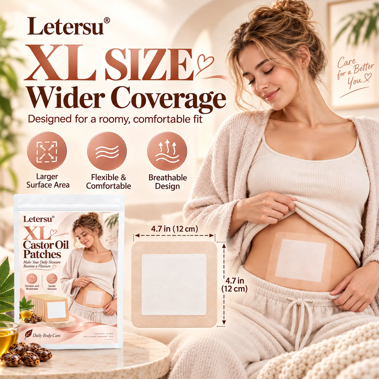 5PCS XL Castor Oil Patches for Belly, Large Castor Oil Pack Wrap Pads, Portable Body Care Patches for Women, Daily Self Care