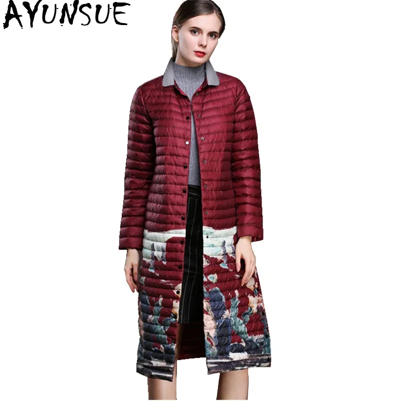 

AYUNSUE 2020 Fashion Autumn Winter Jacket Women Ultra Light Womens Down Jackets Printing Long Thin Coat doudoune femme XMXD8102