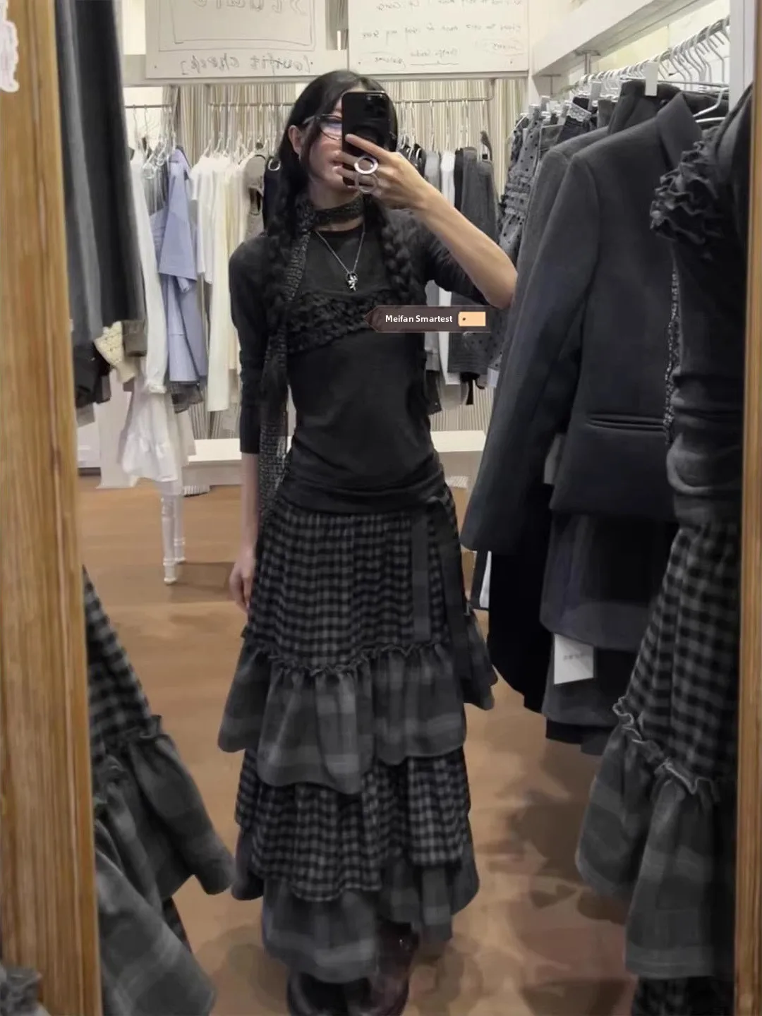 Korean Elegant Plaid Splicing Cake Skirt Women's Autumn Winter Layered A-Line Long Skirt Heavy Embroidery Half Skirt