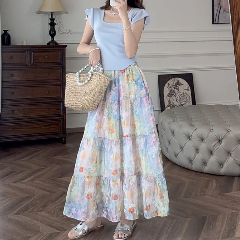 

Женская летняя длинная юбка с высокой талией, А-силуэт, многоярусная, с ярким цветочным принтом в стиле «Дофамин», мягкая и нежная.