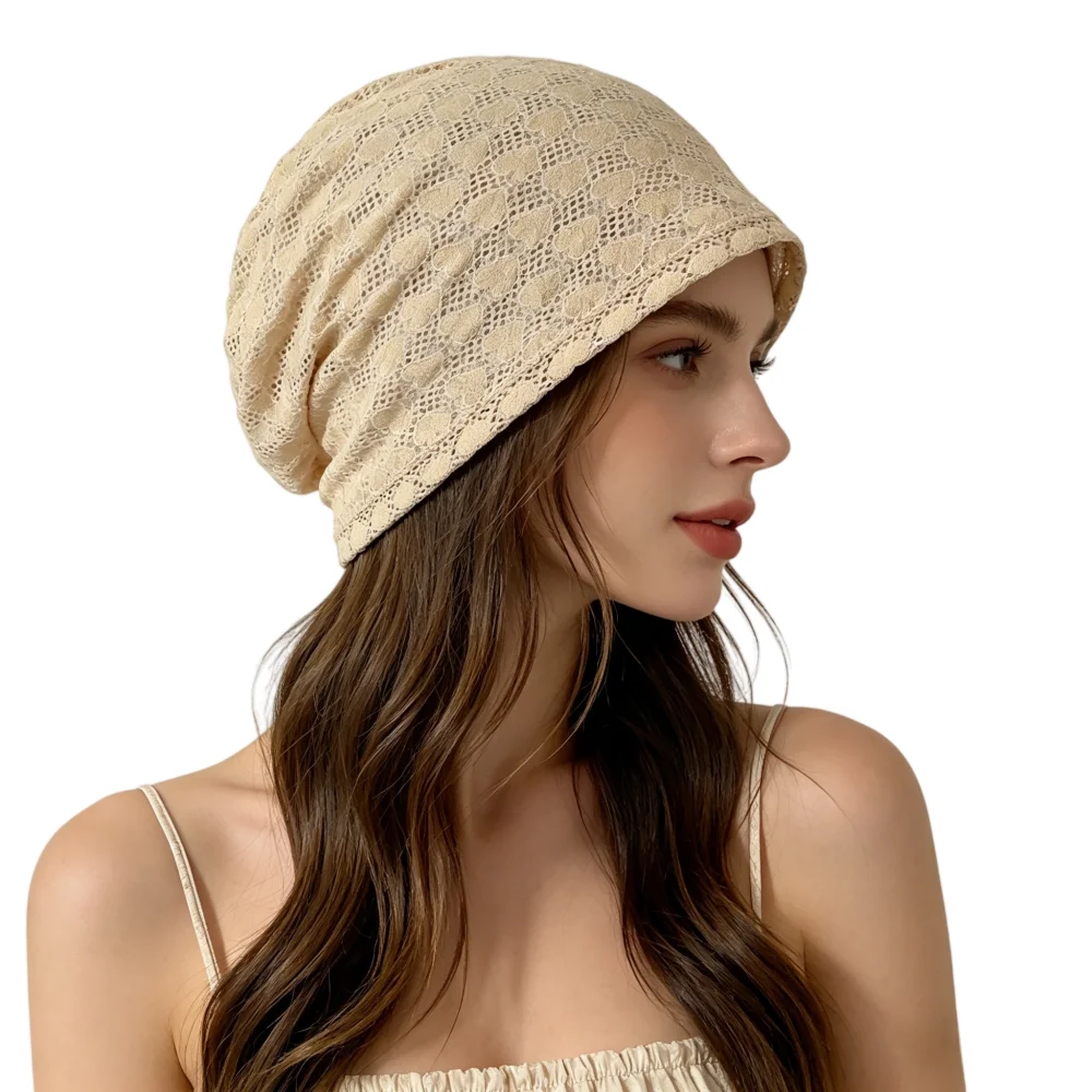 Beige Lace Heart Mesh Beanie Hat for Women - Lightweight Breathable Slouchy Bonnet, Casual Summer Outdoor Head Wrap Cap