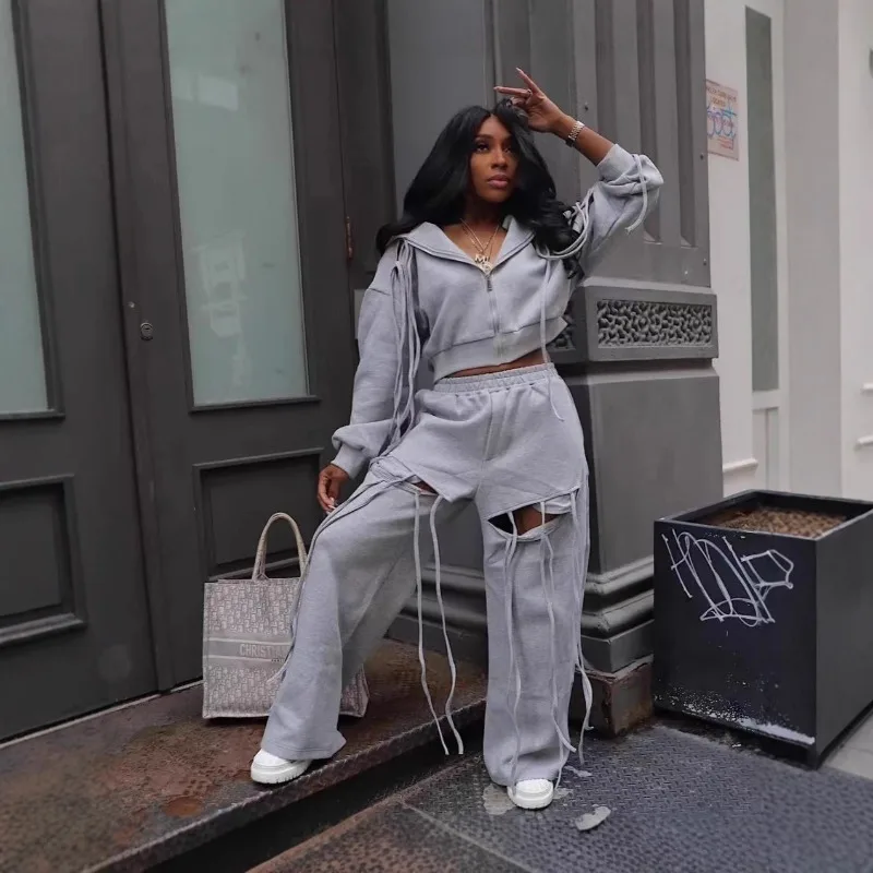 

Women Long Tassel Loose Casual 2 Piece Set Tracksuits Long Sleeve Zipper Hooded Sweatshirts Top + Holes Wide Leg Pants Suits