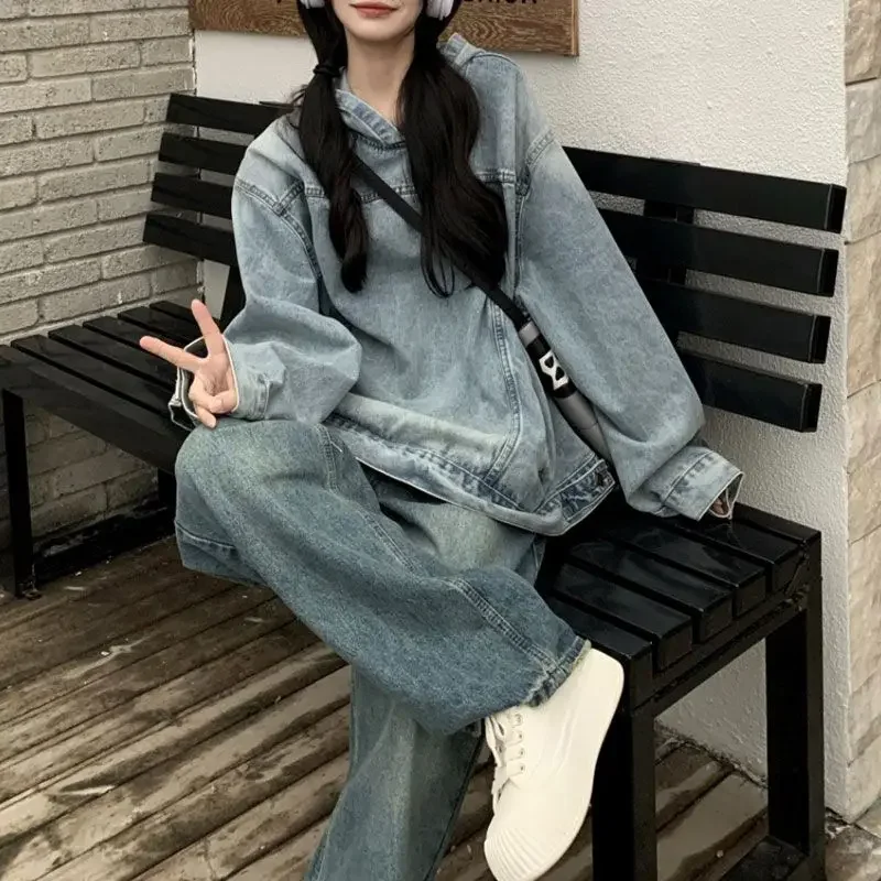 

Y2k винтажные мешковатые джинсовые женские топы с капюшоном Kpop Harajuku модные высококачественные корейские незаменимые эмо толстовки для женщин