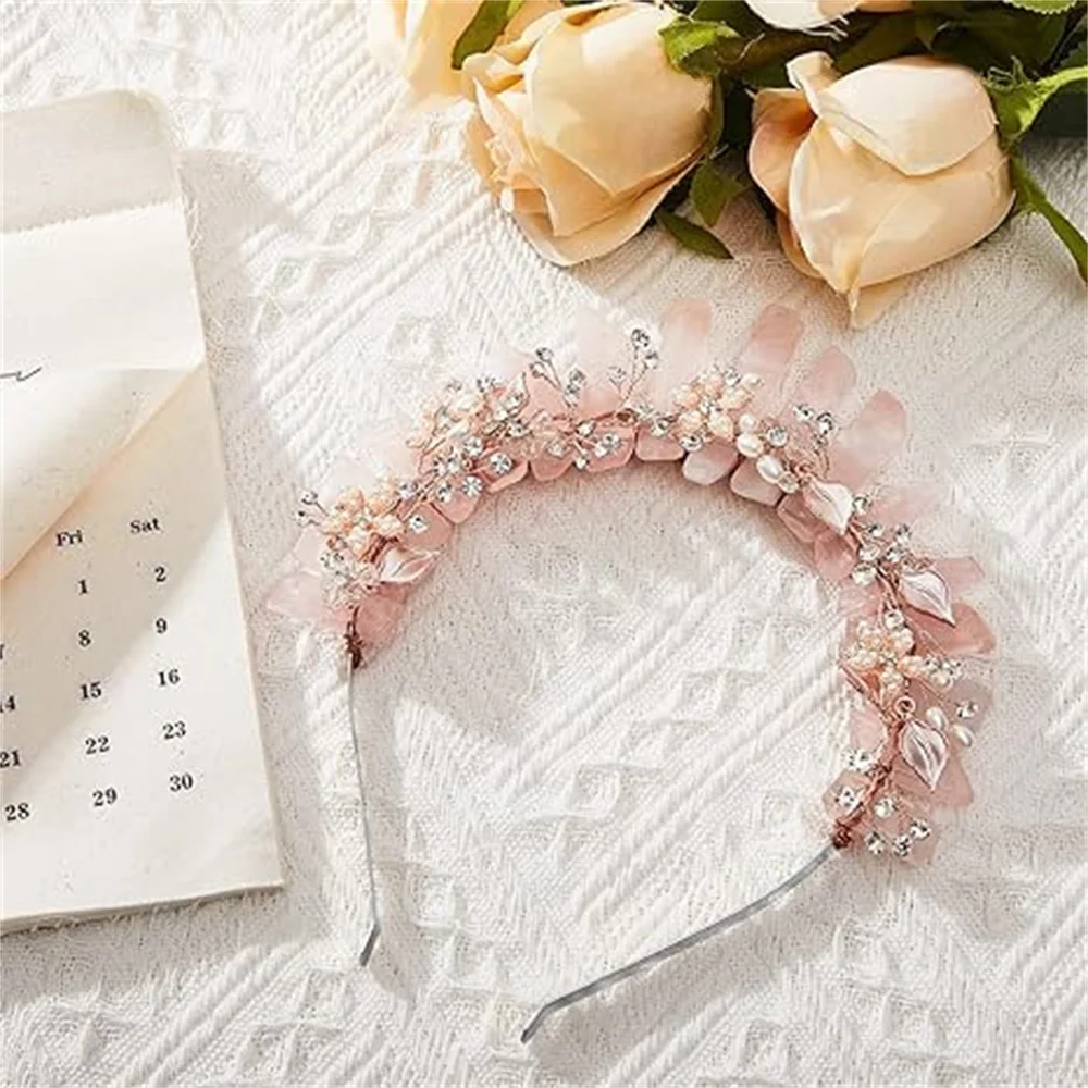 Raw Crystal Quartz Crown Headband Women Pink Crown Flower Crystal Mermaid Tiara Headband Handmade Natural Stone Witch Headpiece