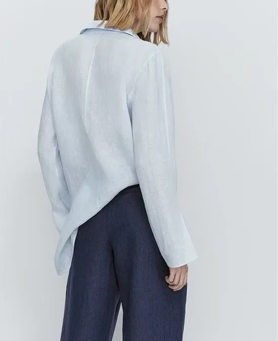 กางเกงขายาวผ้าลินินทรงหลวมสบายสำหรับผู้หญิง สไตล์ลำลอง พับได้ สีน้ำเงิน ทรงตรง ขาตรง ไม่สมมาตร เอว l