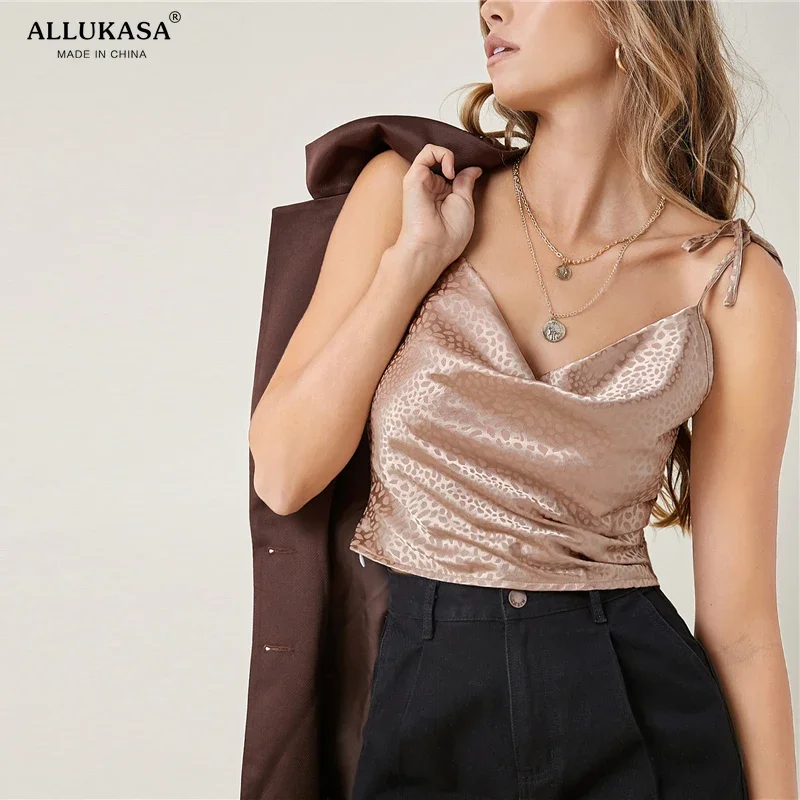 Allukasa Pink Tie Shoulder Draped Front Dalmatian Jacquard Satin Women Ladies Cute Glamorous Camis and Tops