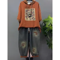 Vintage Plus Size Jeans Set Women's Two-Piece Outfit Casual Suit Denim Pants  Ladies Hooded T-Shirt Printed Jeans Sets - Image 4