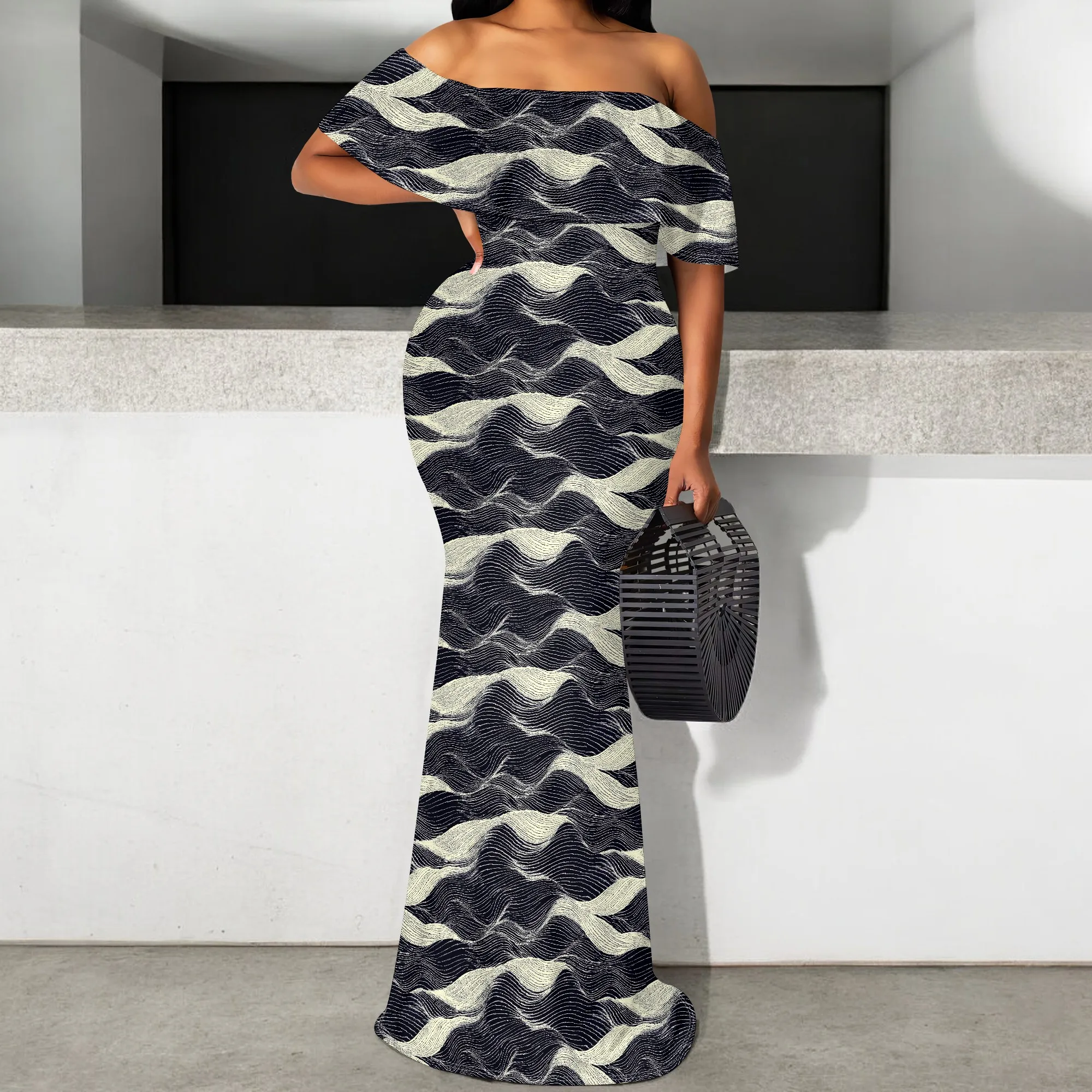

Black & White Wavy Print Off Shoulder Maxi Dress Women's Elegant Long Bodycon Dress for Summer Party S-3XL