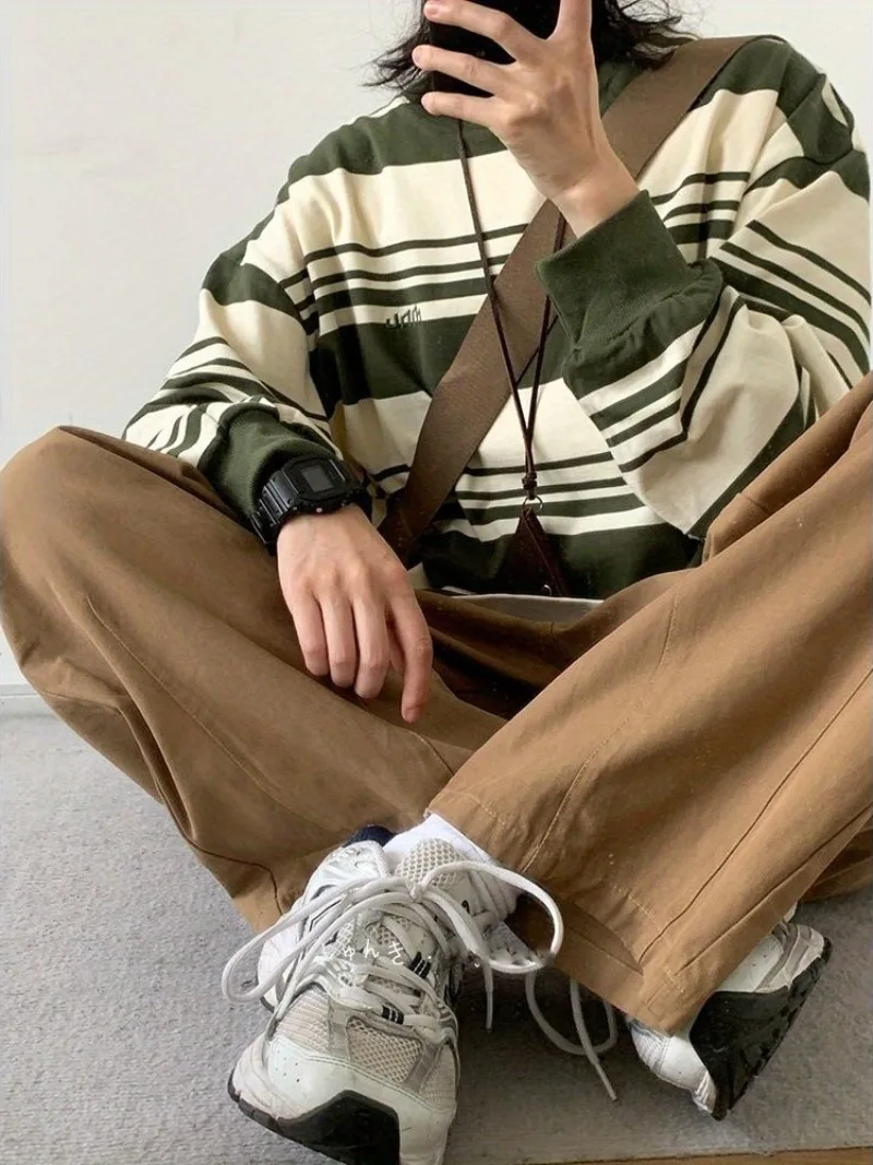 

College Style Men's BF Loose Fit Japanese Retro Striped Knit Sweater 2 Pieces Set Breton Stripe Base Layer Top